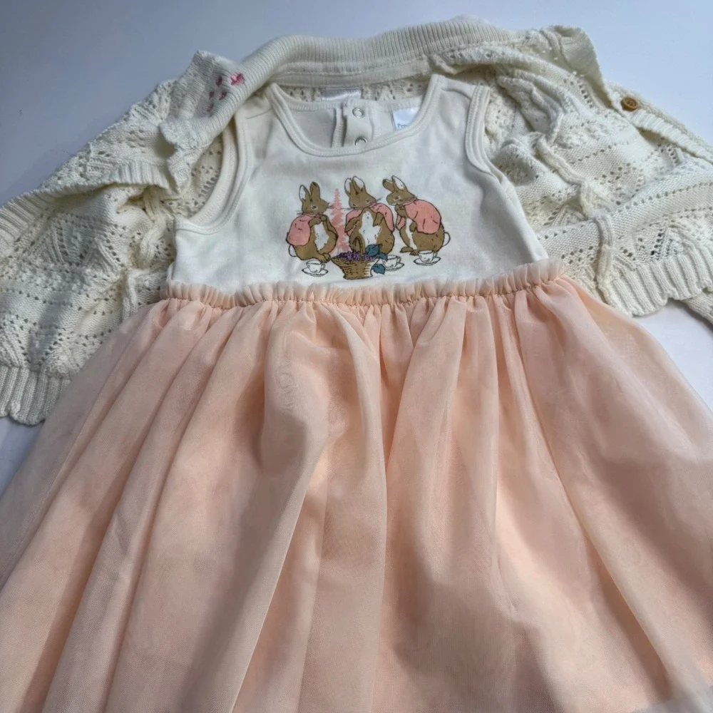 Peter Rabbit Girls 2 Piece Dress Knit Cardigan Bunny Set Pink Tulle 18 months
